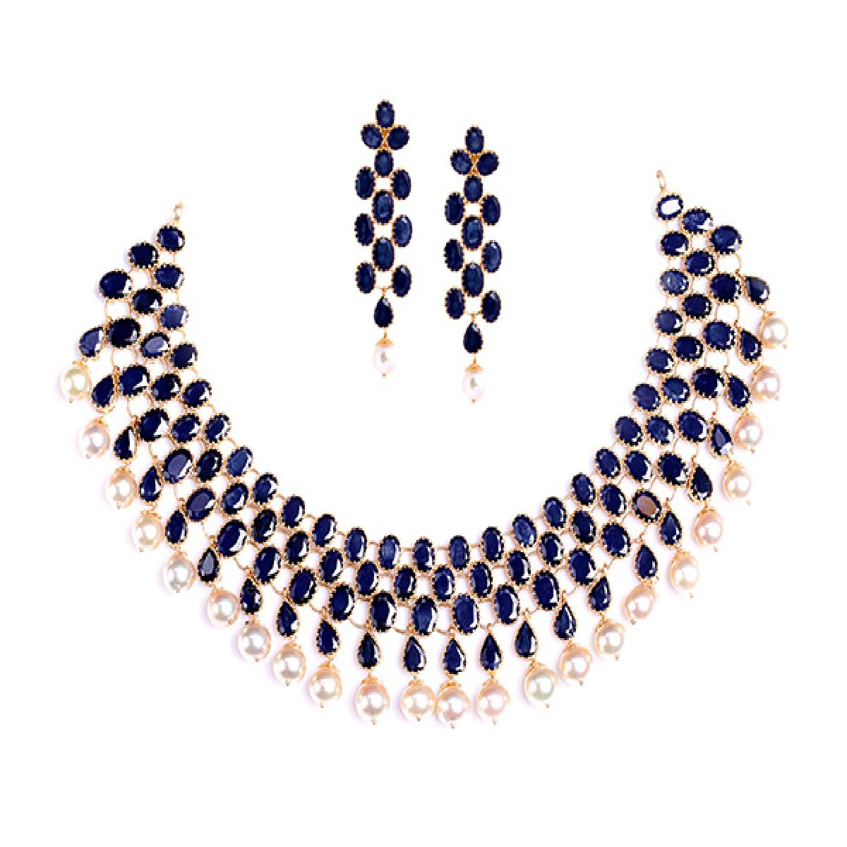 sapphire, moti necklace and earring set