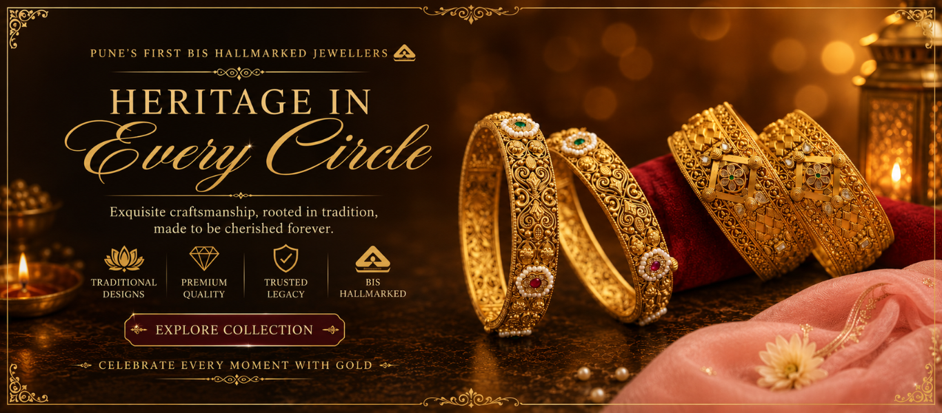 Pune's First BIS Hallmarked Jewellers showcasing traditional handcrafted gold bangles with intricate detailing, premium craftsmanship, and timeless heritage designs.