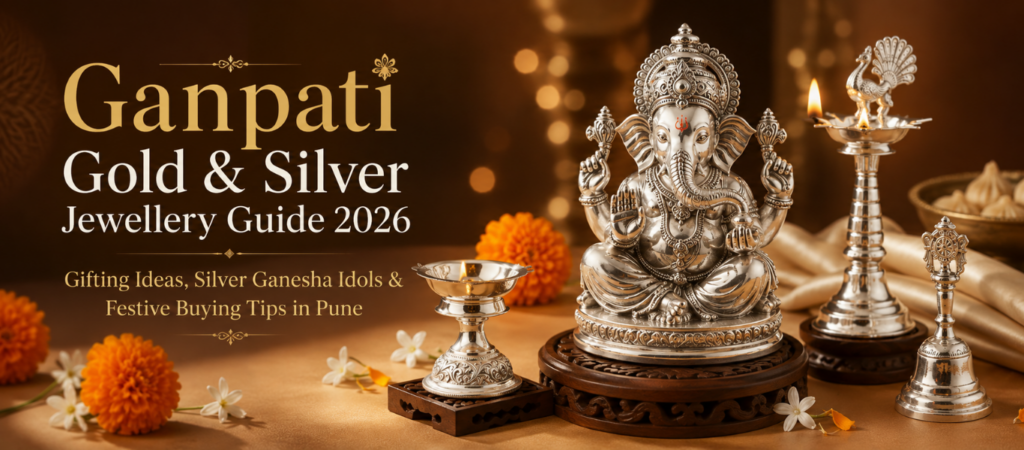 Ganpati gold silver jewellery Pune - silver Ganesha idol with gold jewellery at Gold Mart Jewellers