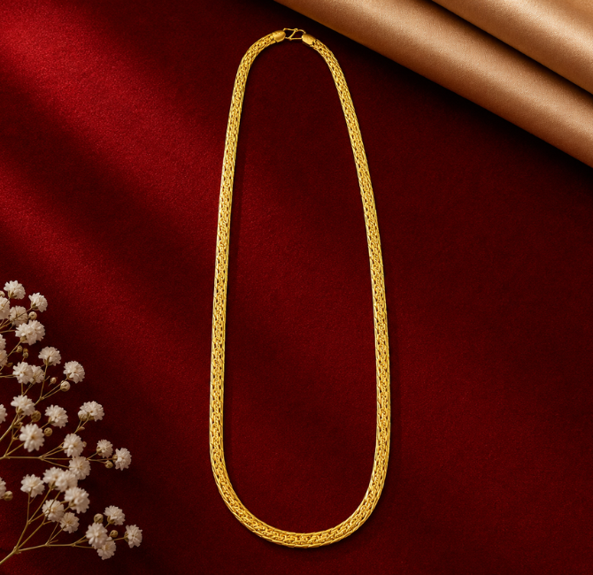 22KT men's flat herringbone-style jewellery piece with woven diagonal texture