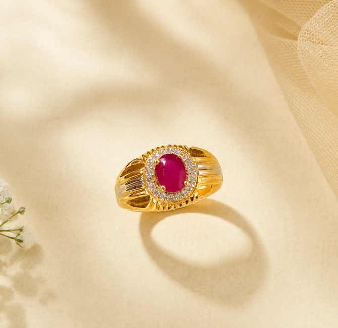 22KT gold men's ring with oval ruby stone and CZ halo, fluted white gold band