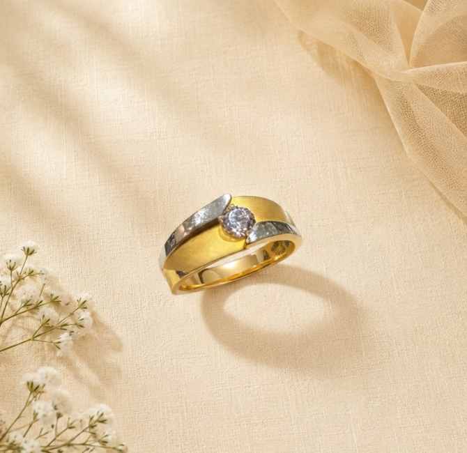 22KT gold men's ring with round CZ solitaire and two-tone wave design
