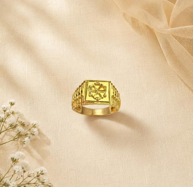 22KT gold men's signet ring with engraved sun and geometric pattern design