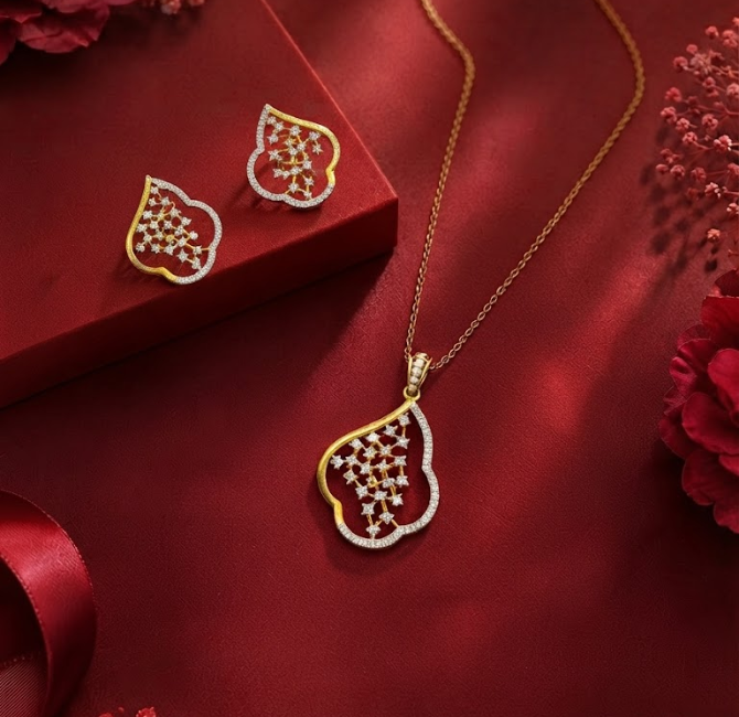 Heart-shaped diamond cluster necklace in hallmarked gold