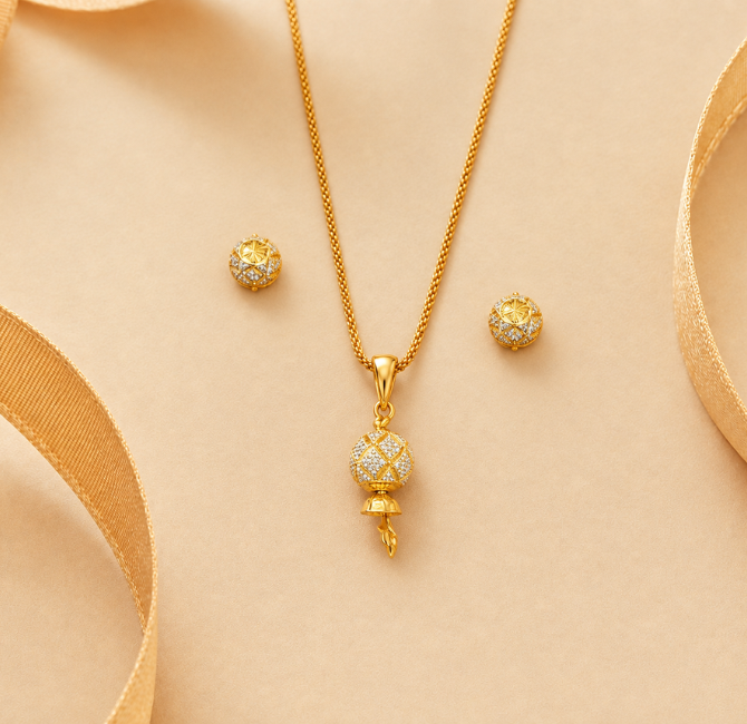 Lattice-textured gold ball necklace with drop