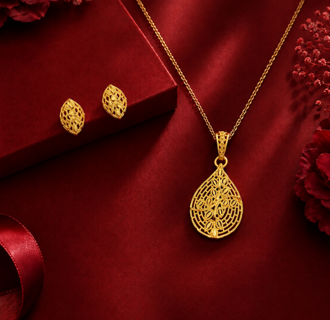 Leaf-shaped filigree design in hallmarked gold