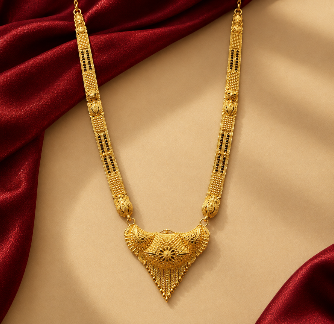 Long double-strand chain with fan-shaped gold pendant