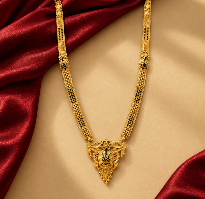 Long Gold Mangalsutra Pune with floral vati pendant