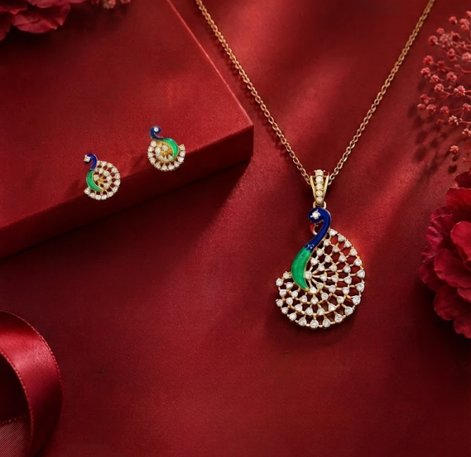 Peacock-motif meenakari necklace with diamond accents