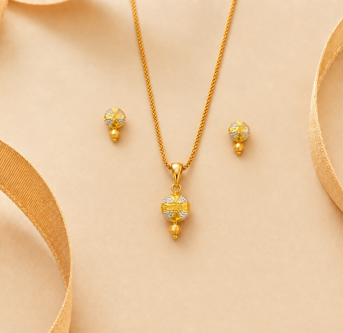 Two-Tone Textured Ball Pendant Set in hallmarked gold